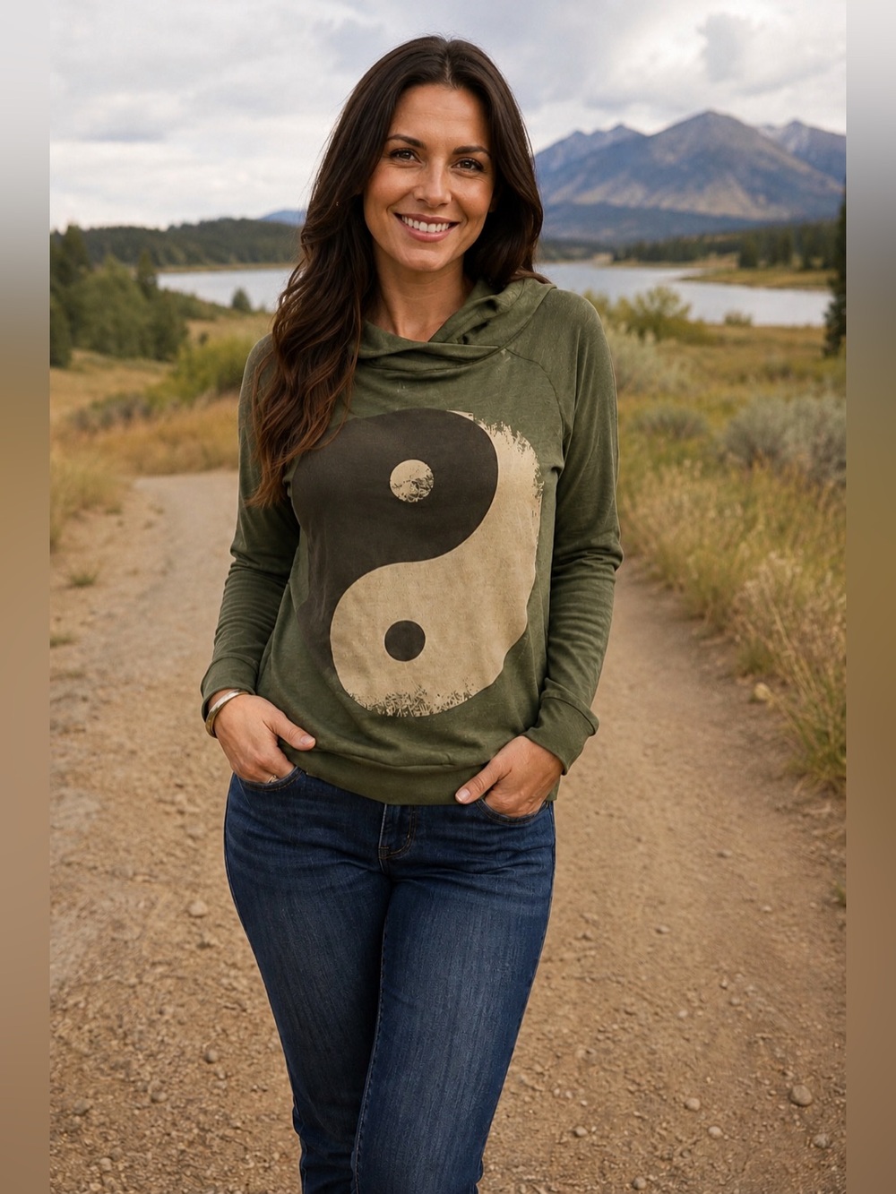 Well Worn Olive Green Yin Yang Hoodie